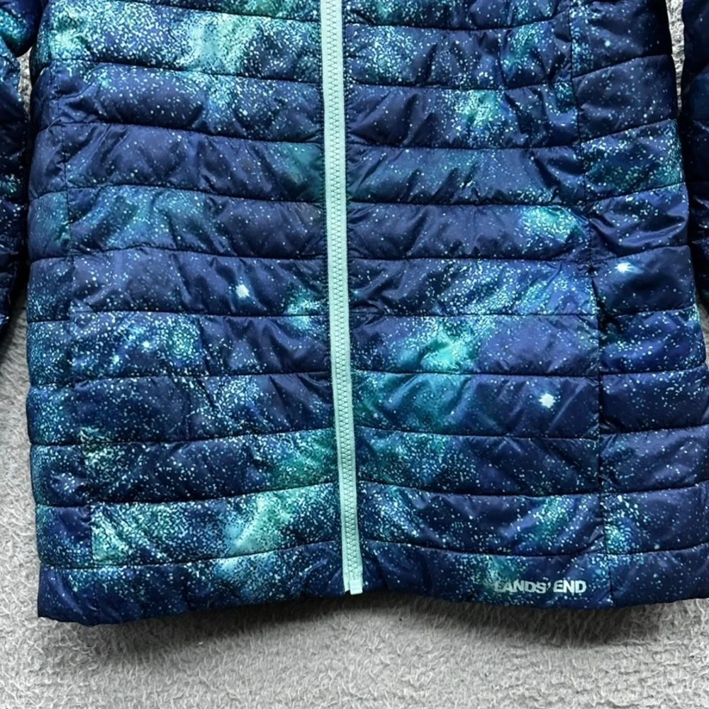 Lands End Kids Large (10-12) Galaxy Print Puffer Jacket Blue Teal Star Full Zip